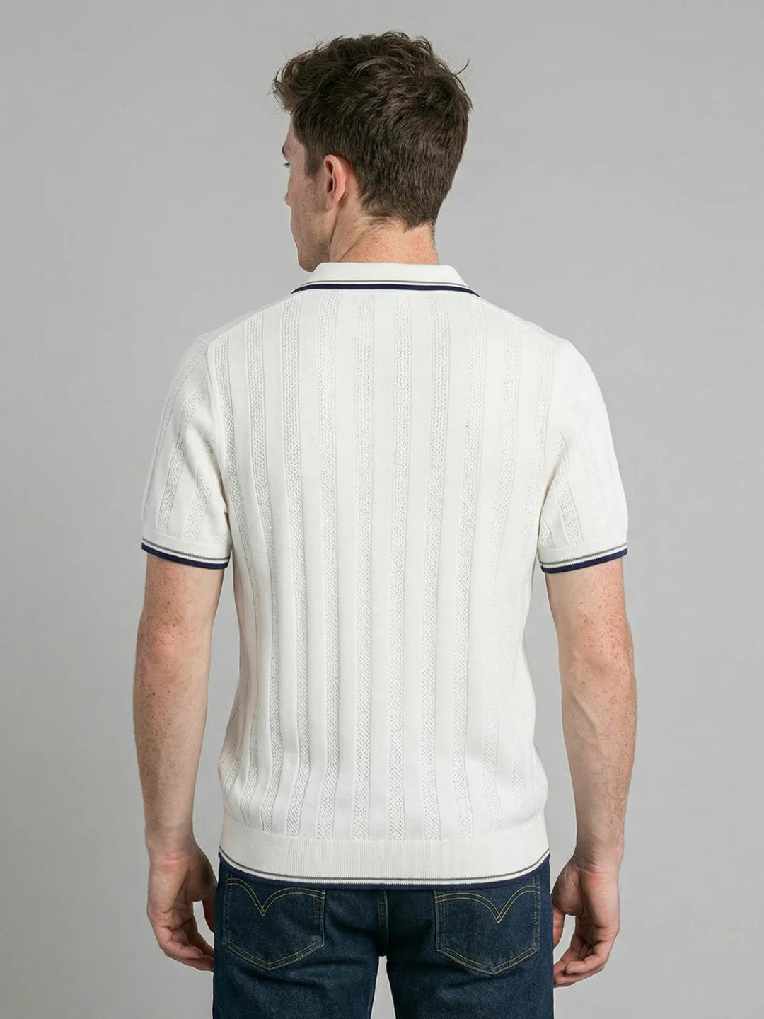 Men White Self Design Collar Half Sleeve T-Shirt - Image 4