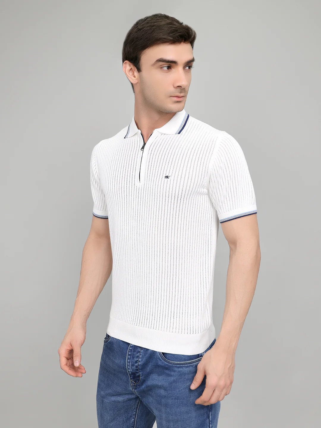 Men White Self Design Collar Half Sleeve T-Shirt - Image 2