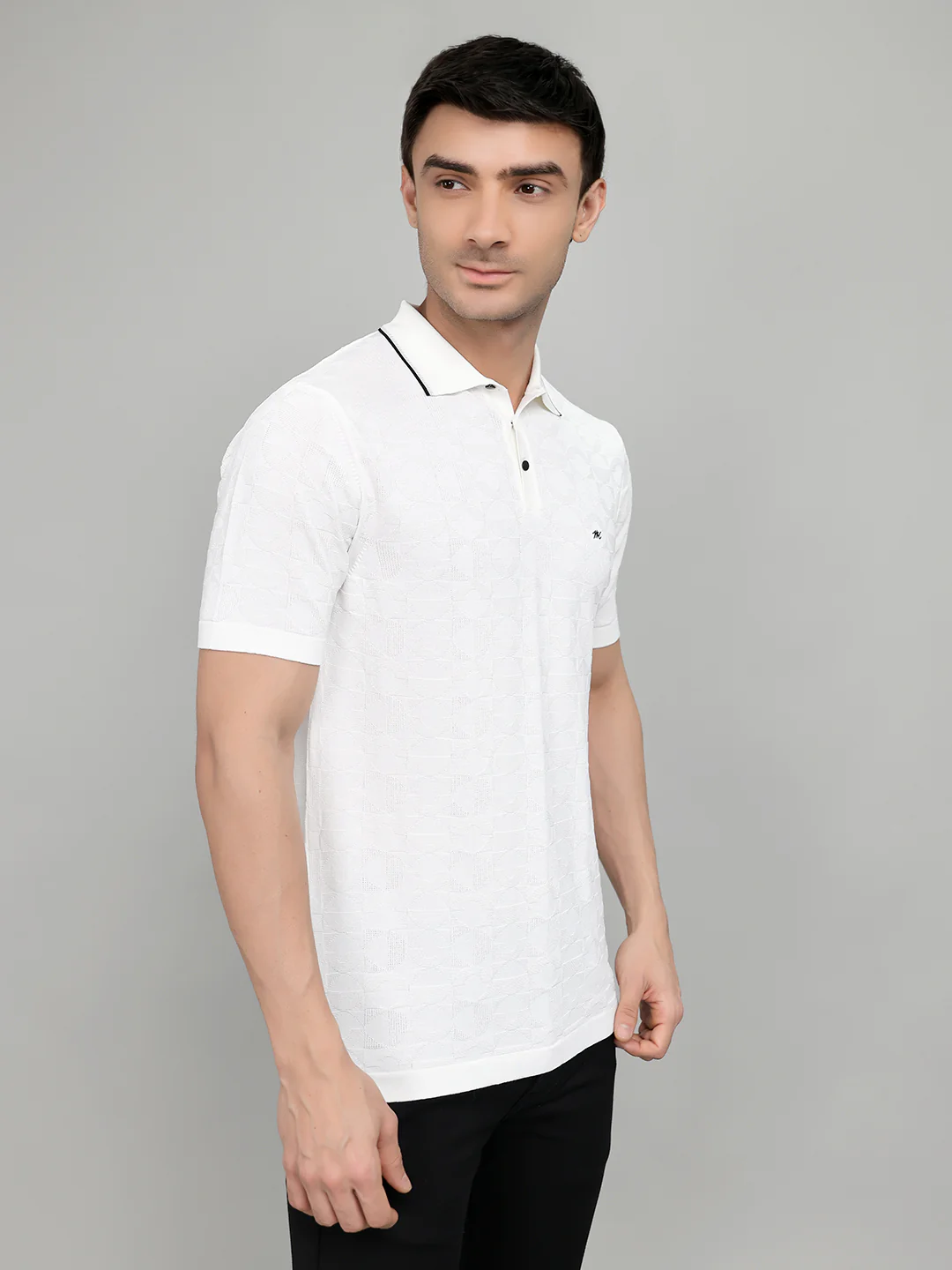 Men White Self Design Collar Half Sleeve T-Shirt - Image 3