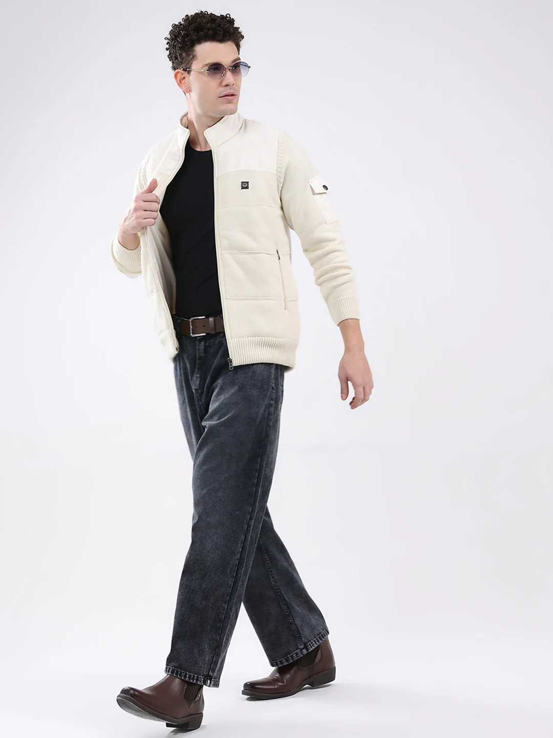 Men White Self Design Mock Neck Full Sleeve Jacket - Image 2