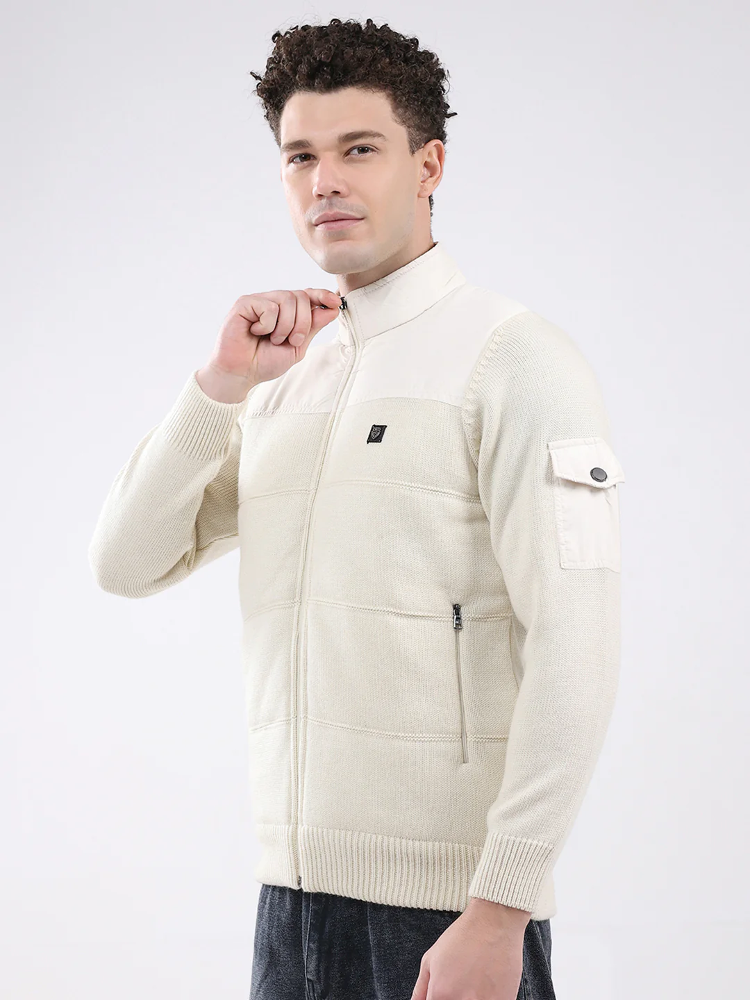 Men White Self Design Mock Neck Full Sleeve Jacket - Image 3