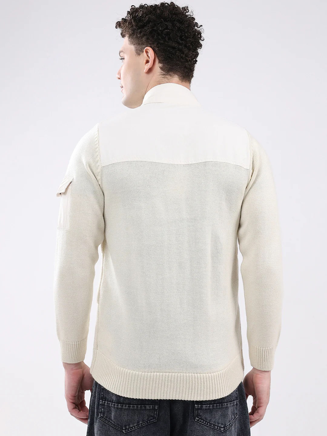 Men White Self Design Mock Neck Full Sleeve Jacket - Image 5