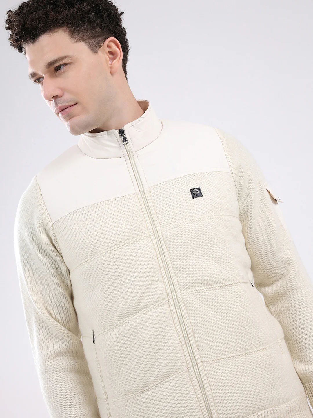 Men White Self Design Mock Neck Full Sleeve Jacket - Image 6