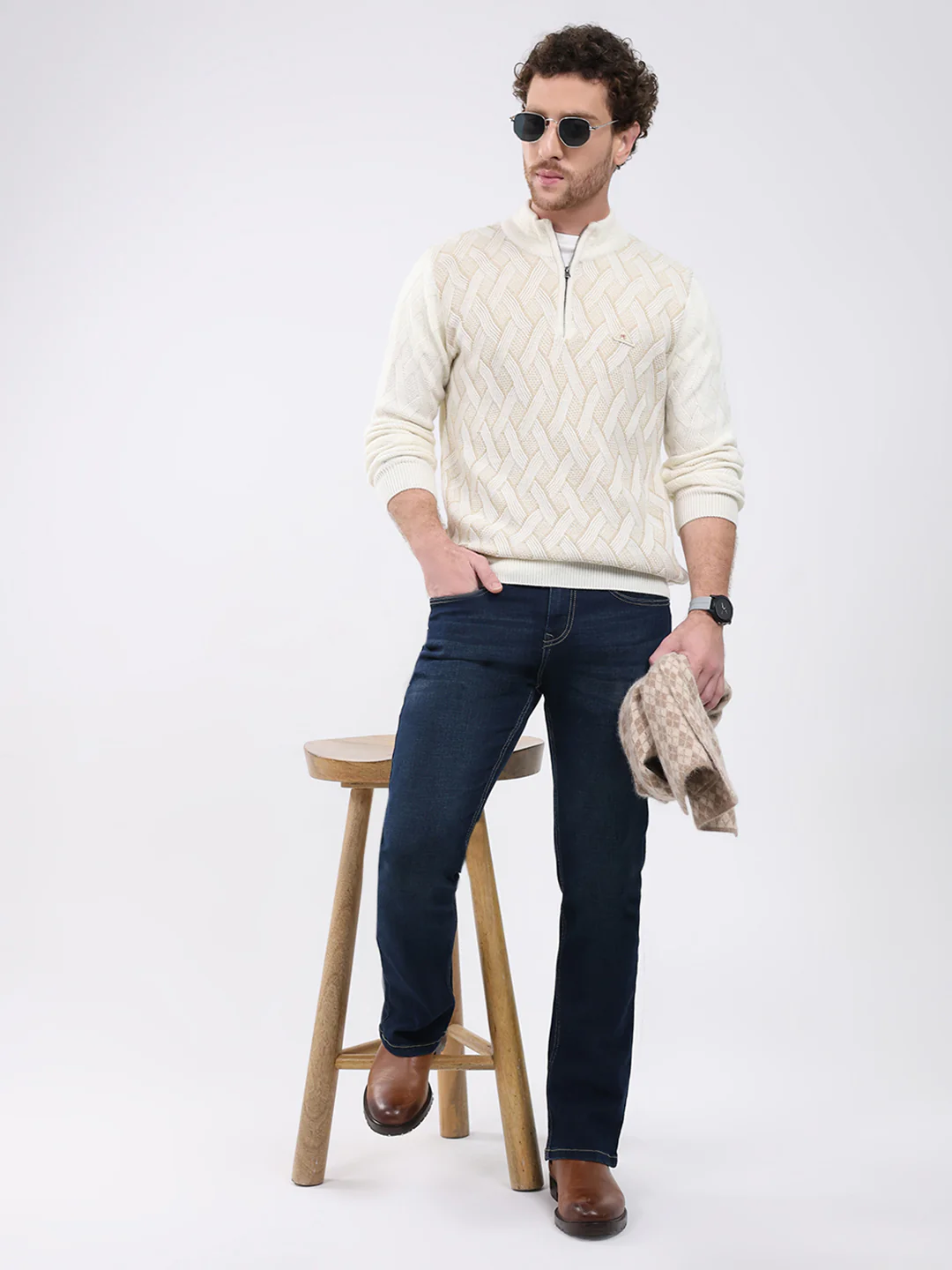 Men White Self Design Mock Neck Full Sleeve Pullover - Image 2