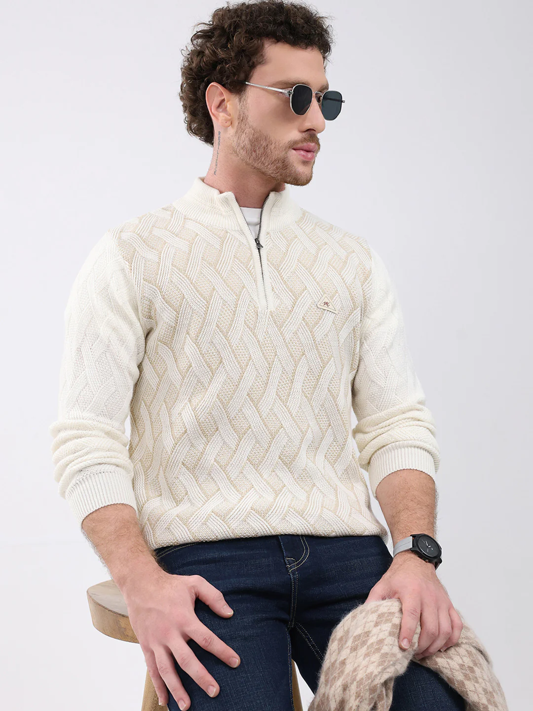 Men White Self Design Mock Neck Full Sleeve Pullover - Image 6
