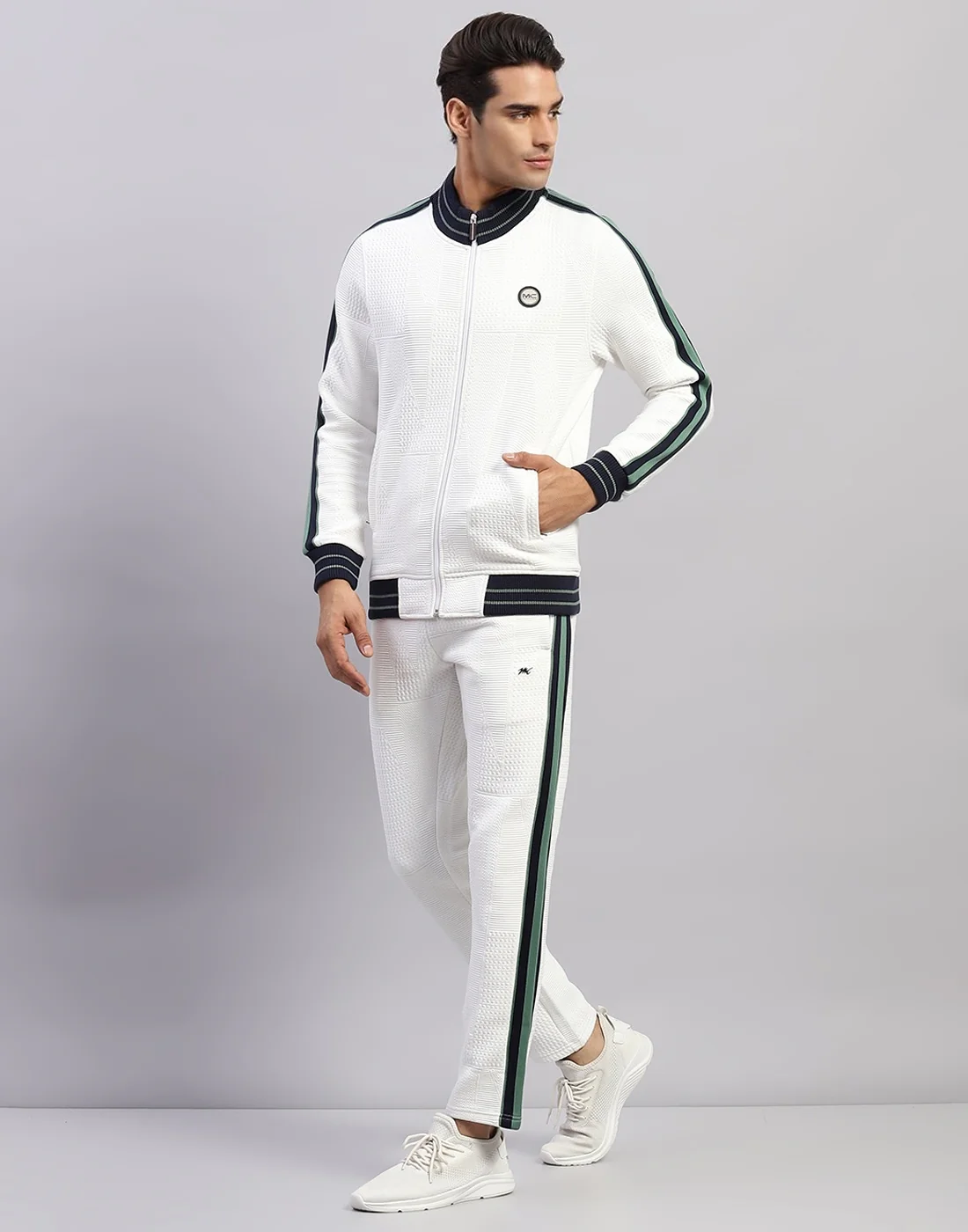 Men White Self Design Mock Neck Full Sleeve Winter Tracksuit - Image 3