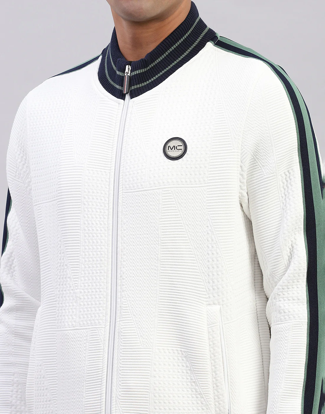 Men White Self Design Mock Neck Full Sleeve Winter Tracksuit - Image 6