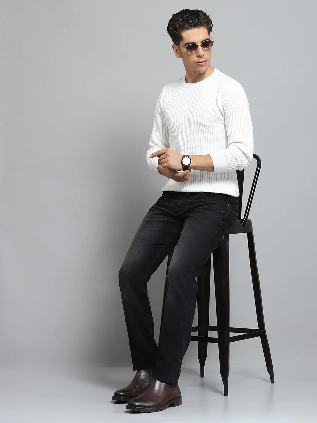 Men White Self Design Round Neck Full Sleeve Pullover - Image 2