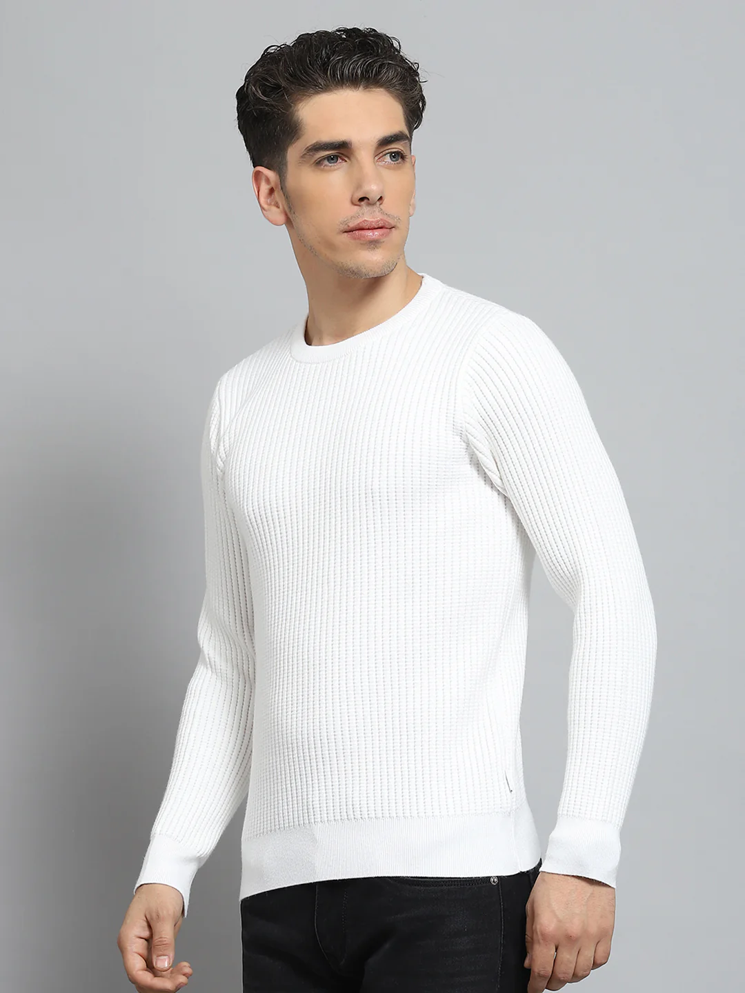 Men White Self Design Round Neck Full Sleeve Pullover - Image 3