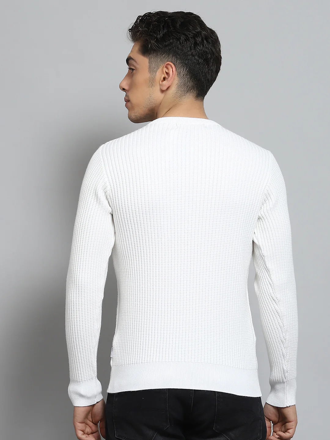 Men White Self Design Round Neck Full Sleeve Pullover - Image 5