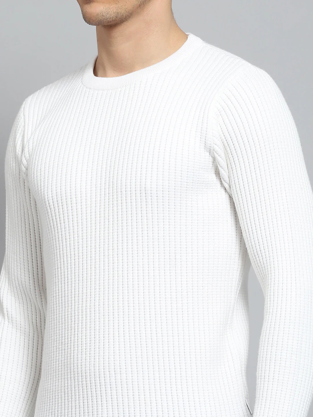 Men White Self Design Round Neck Full Sleeve Pullover - Image 6