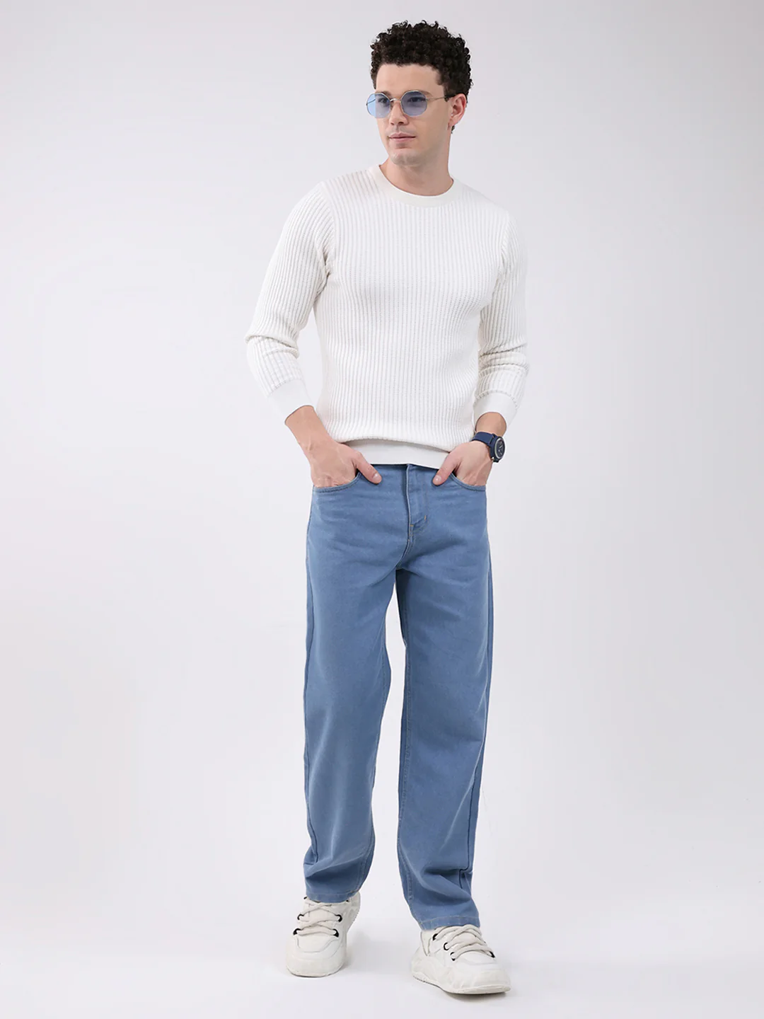 Men White Self Design Round Neck Full Sleeve Pullover - Image 2