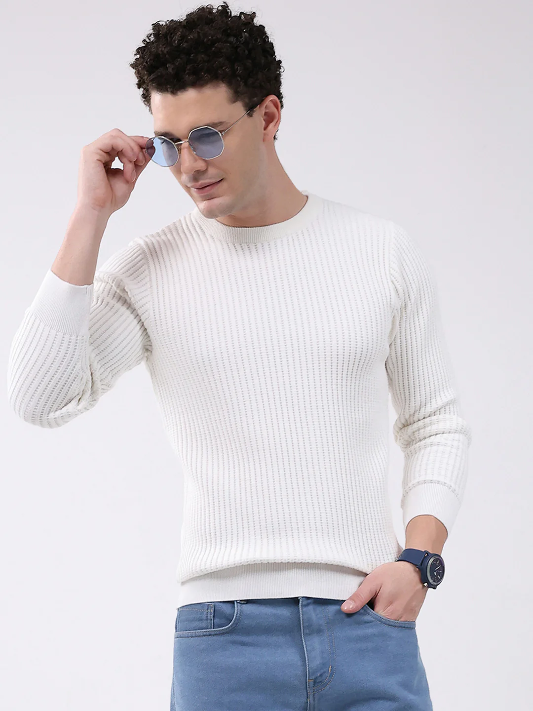 Men White Self Design Round Neck Full Sleeve Pullover - Image 6