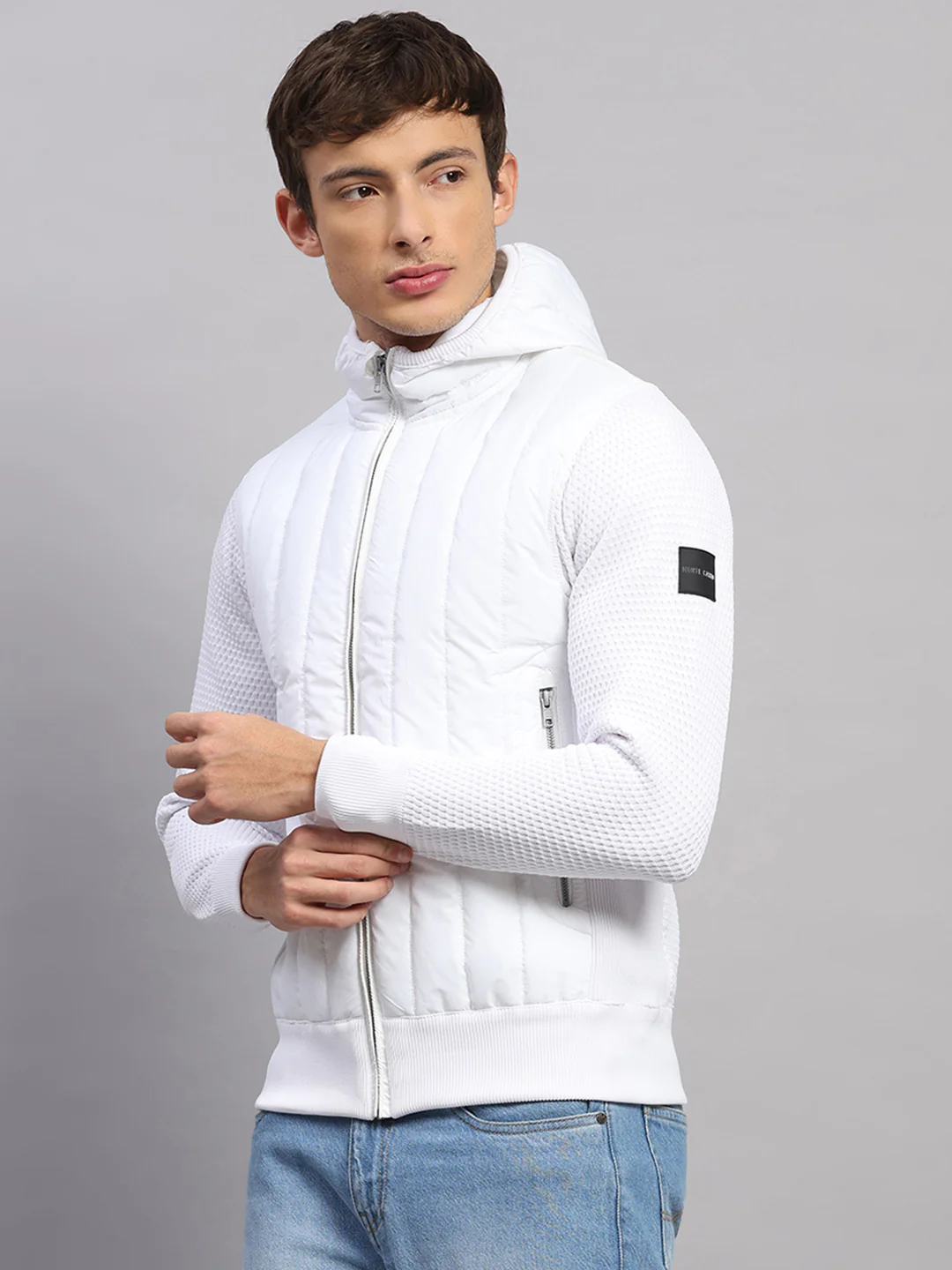 Men White Self Design Round Neck Full Sleeve Pullover - Image 3