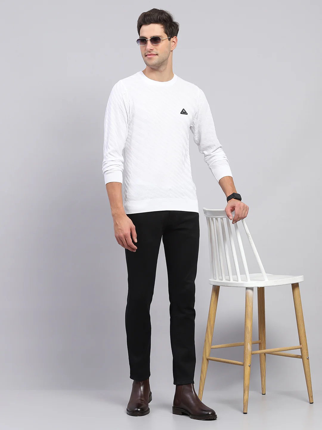 Rock.it Men White Self Design Round Neck Full Sleeve Pullover - Image 2