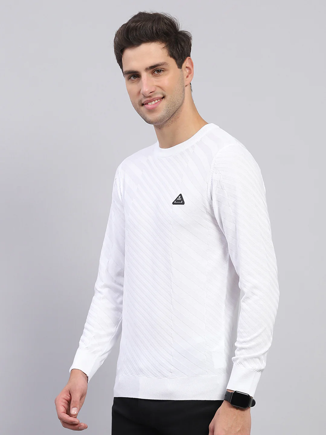 Rock.it Men White Self Design Round Neck Full Sleeve Pullover - Image 3
