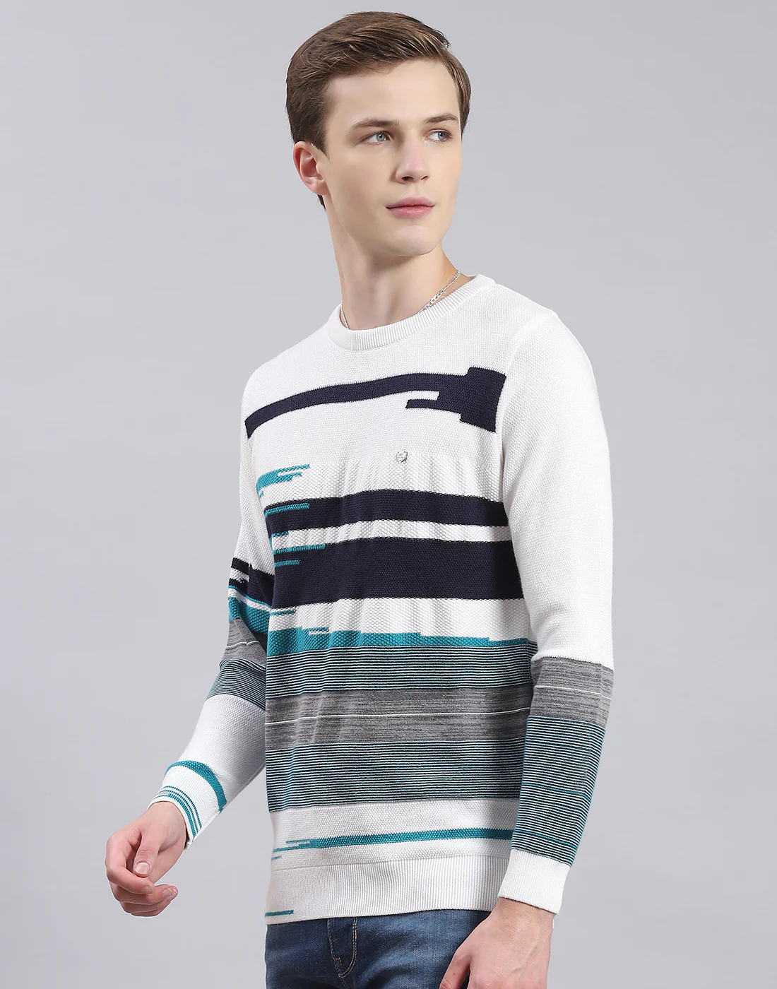 Men White Self Design Round Neck Full Sleeve Sweater - Image 3