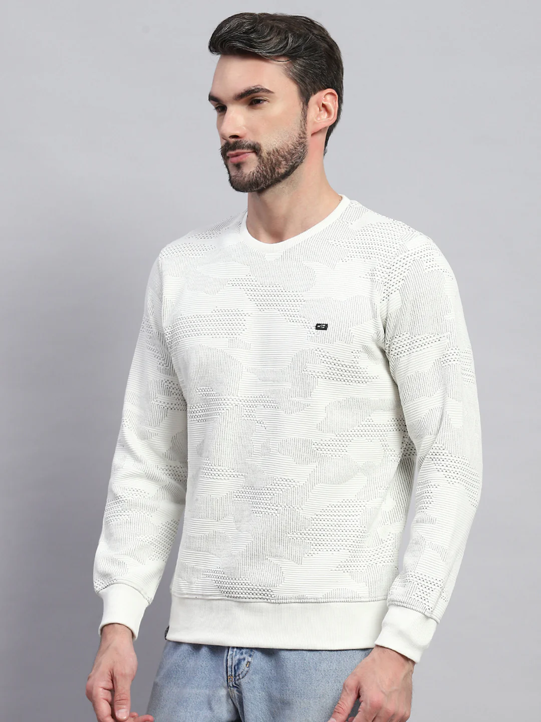 Men White Self Design Round Neck Full Sleeve T-Shirt - Image 3