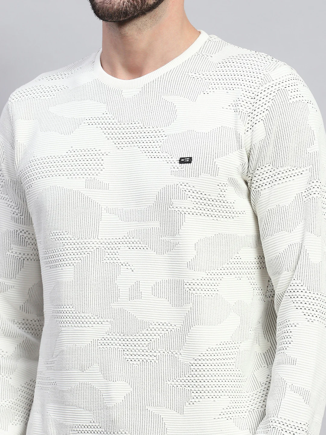 Men White Self Design Round Neck Full Sleeve T-Shirt - Image 7