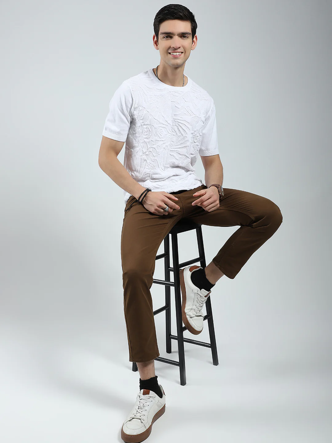 Men White Self Design Round Neck Half Sleeve T-Shirt - Image 2