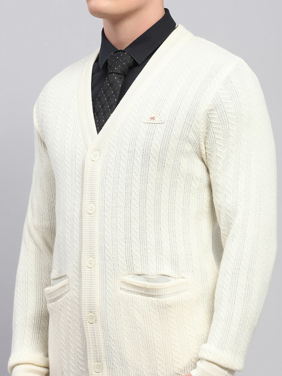 Men White Self Design V Neck Full Sleeve Cardigan - Image 6