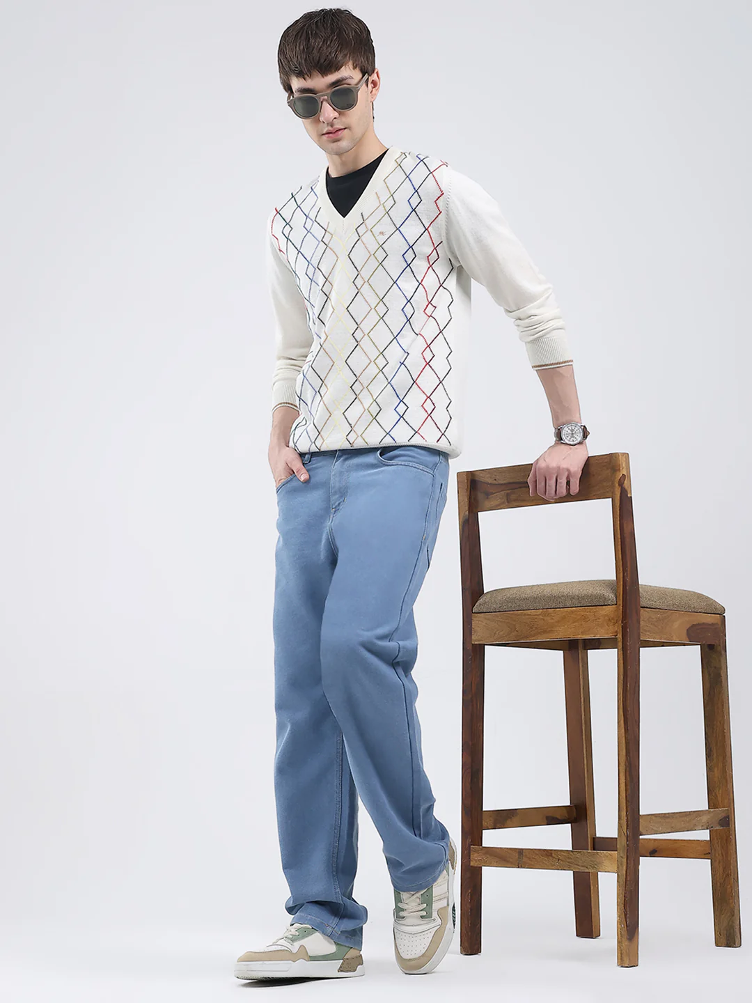 Men White Self Design V Neck Full Sleeve Pullover - Image 2