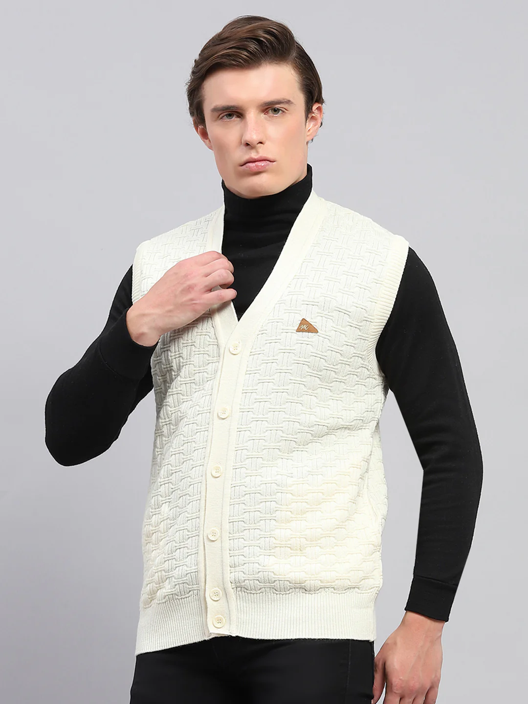 Men White Self Design V Neck Sleeveless Cardigan - Image 3