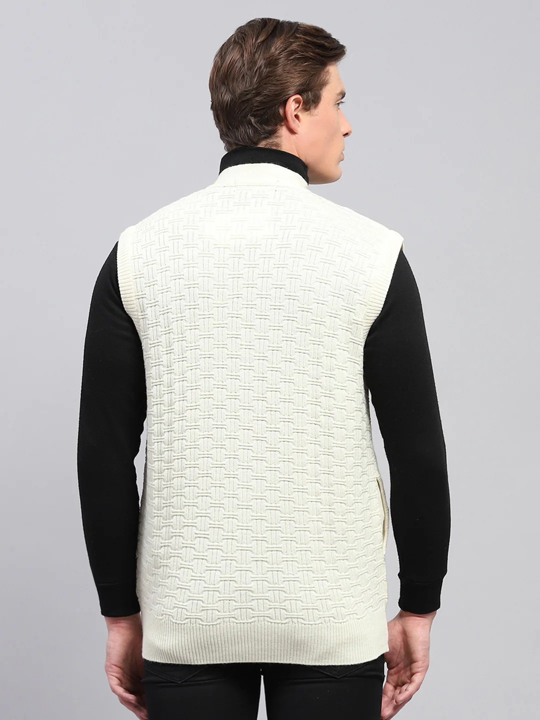 Men White Self Design V Neck Sleeveless Cardigan - Image 5