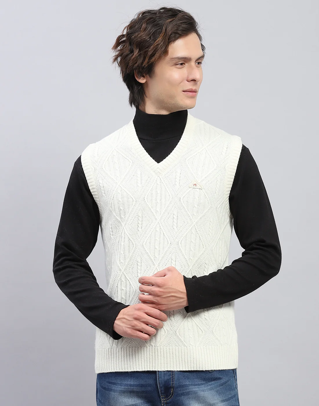 Men White Self Design V Neck Sleeveless Sweater - Image 2