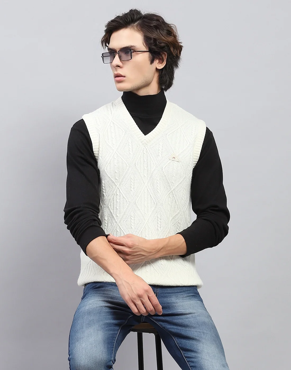 Men White Self Design V Neck Sleeveless Sweater - Image 6