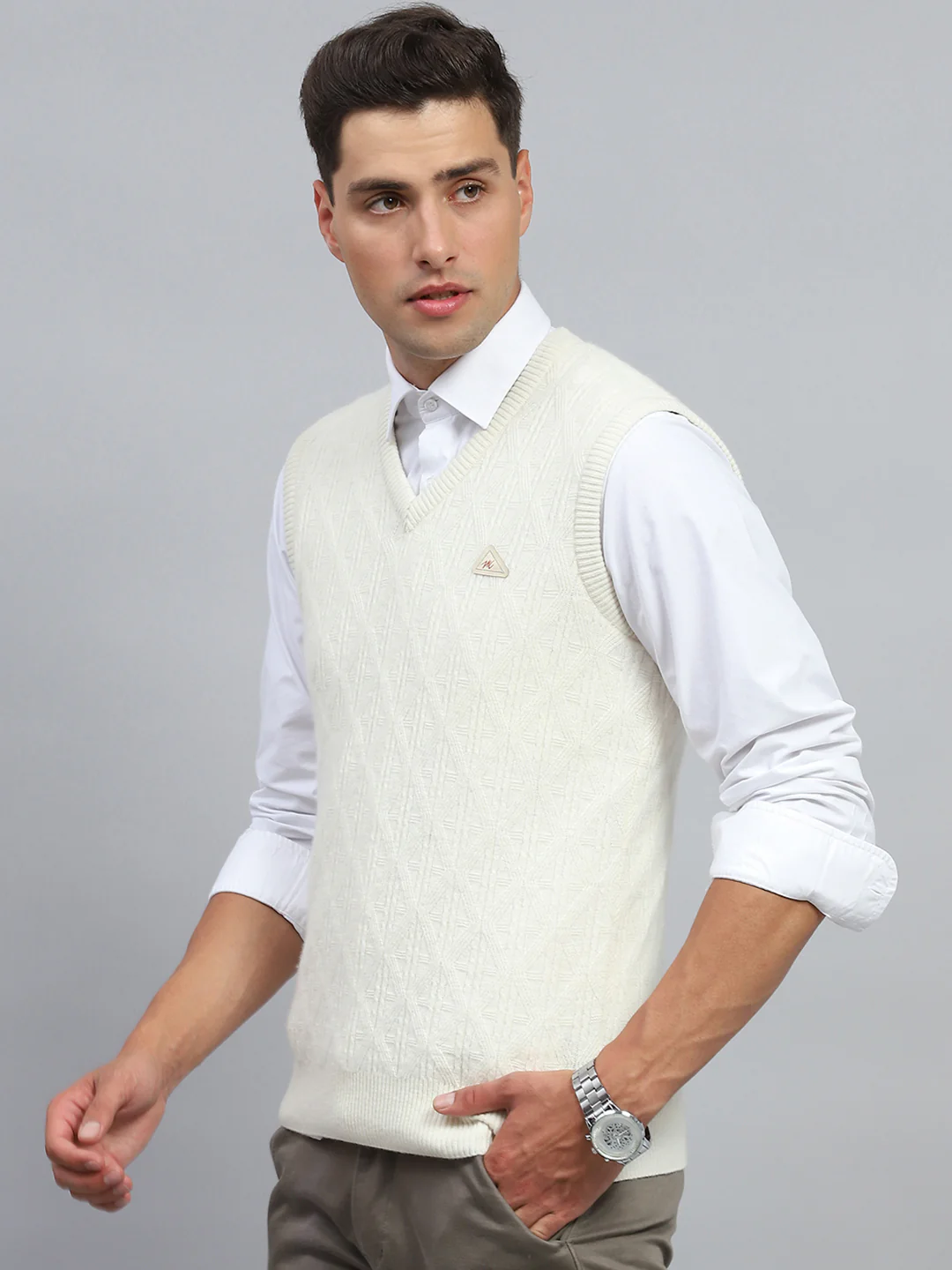 Men White Self Design V Neck Sleeveless Sweater - Image 3