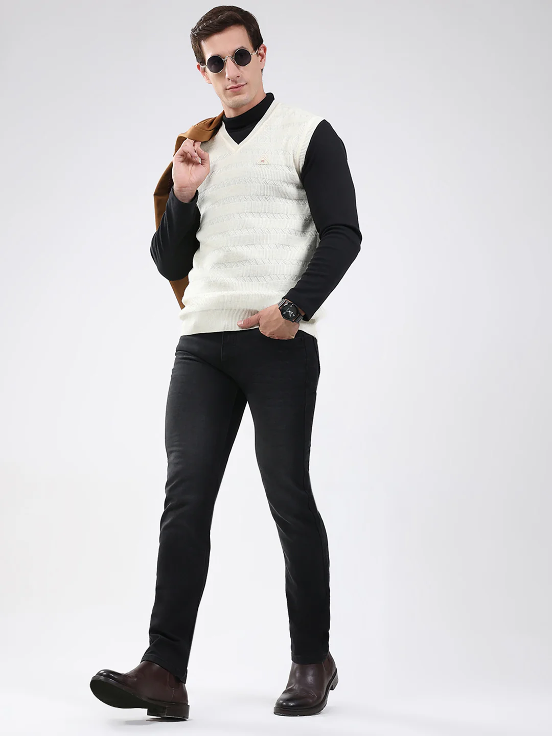 Men White Self Design V Neck Sleeveless Sweater - Image 2