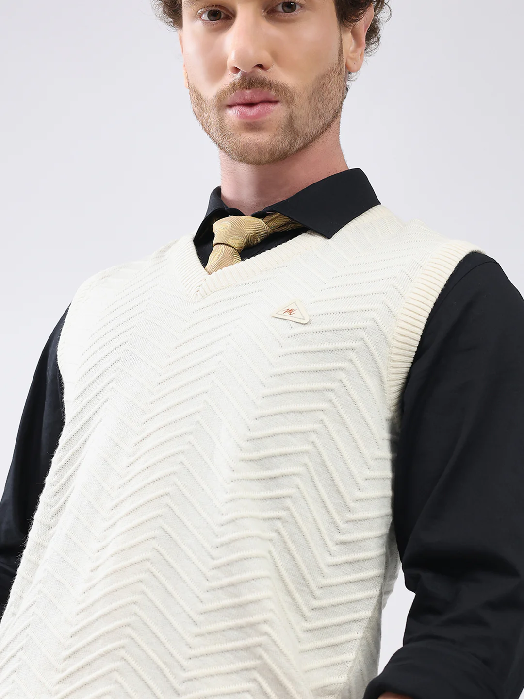 Men White Self Design V Neck Sleeveless Sweater - Image 6