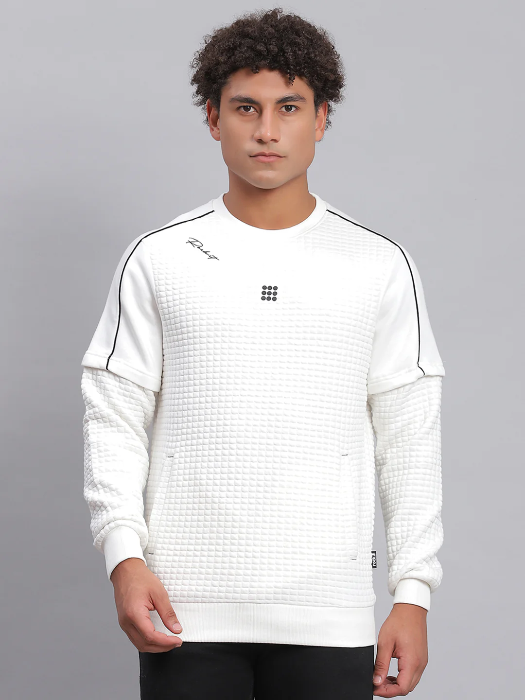 Rock.it Men White Self Design Round Neck Full Sleeve Sweatshirt - Image 2
