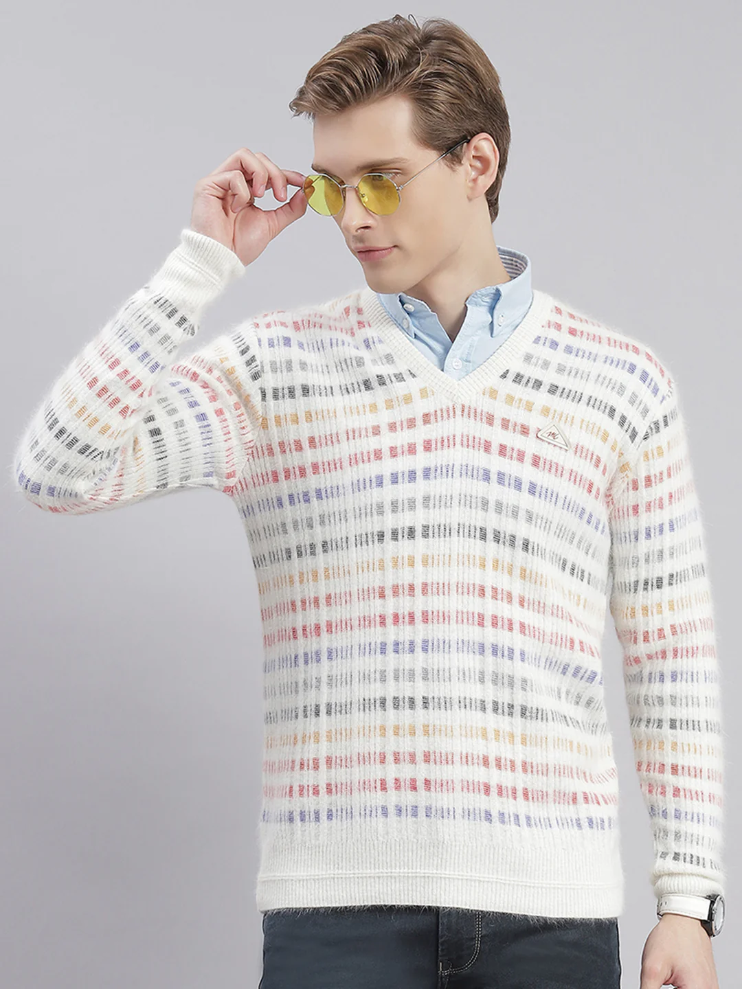 Men White Self Design V Neck Full Sleeve Sweaters/Pullovers - Image 2