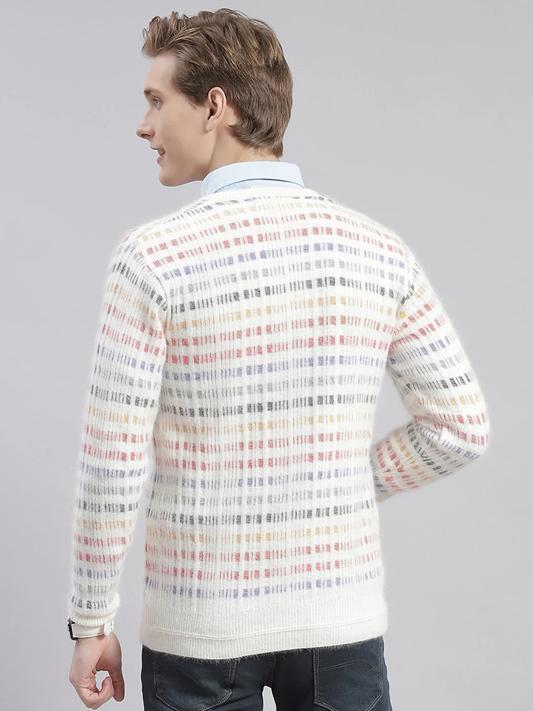 Men White Self Design V Neck Full Sleeve Sweaters/Pullovers - Image 5