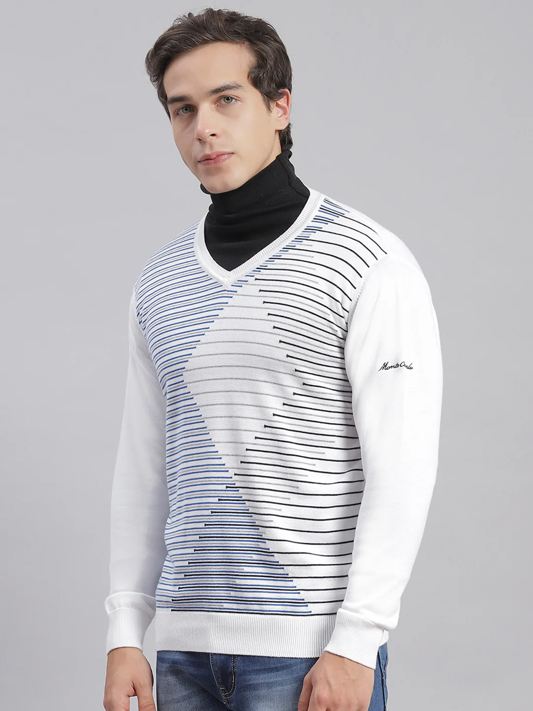 Men White Self Design V Neck Full Sleeve Sweaters/Pullovers - Image 4