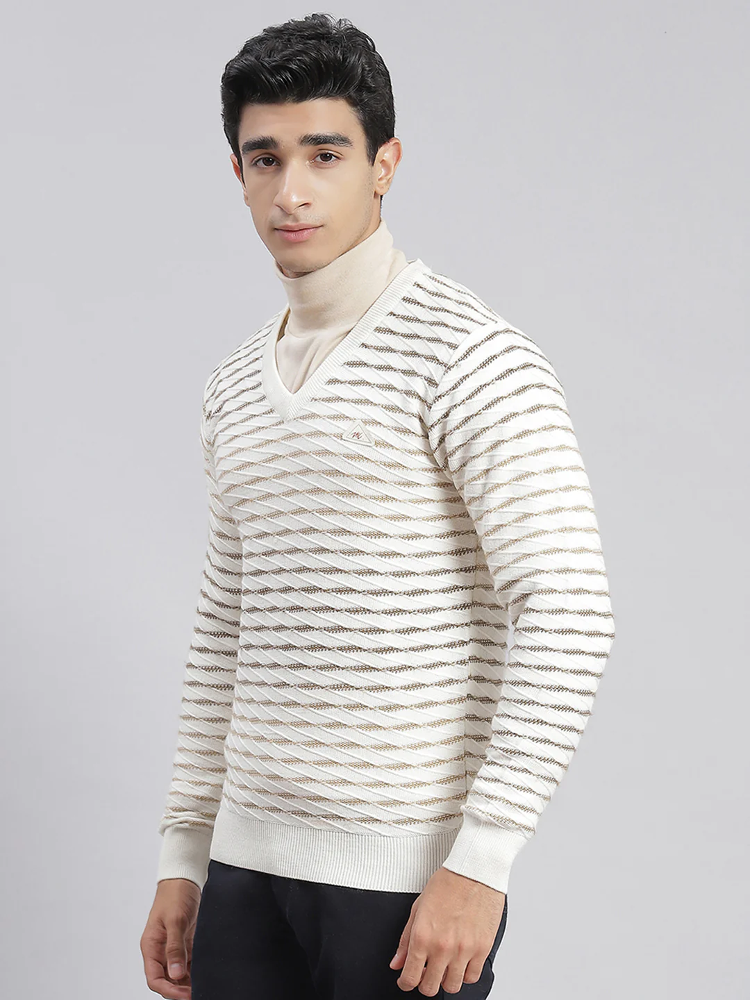 Men White Self Design V Neck Full Sleeve Sweaters/Pullovers - Image 4