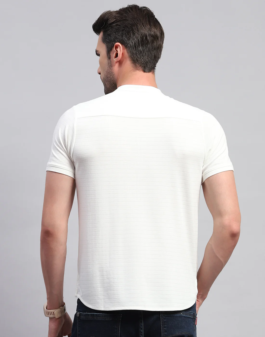 Men White Solid Band Collar Half Sleeve T-Shirt - Image 5