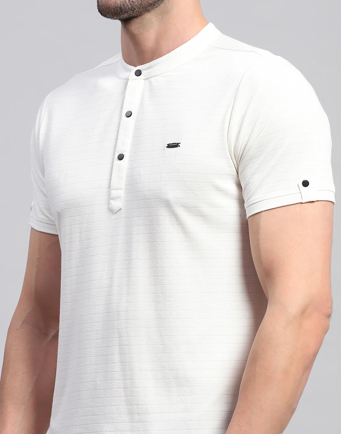 Men White Solid Band Collar Half Sleeve T-Shirt - Image 6