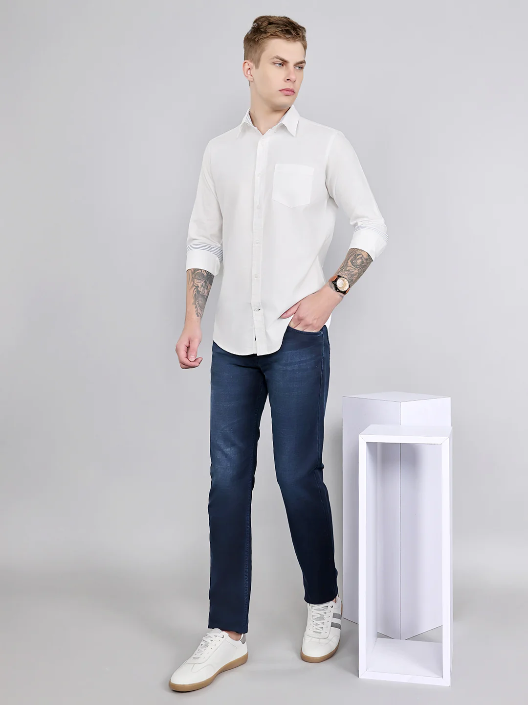 Men White Solid Collar Full Sleeve Shirt - Image 6