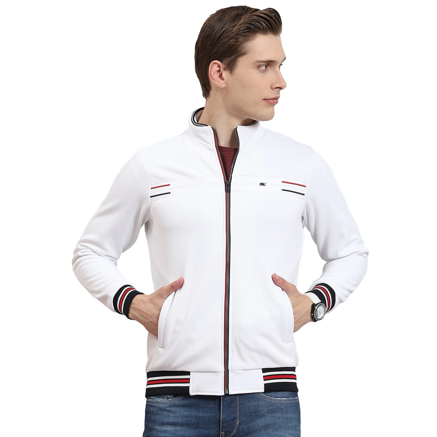 Men White Solid Collar Full Sleeve Sweatshirt - Image 5