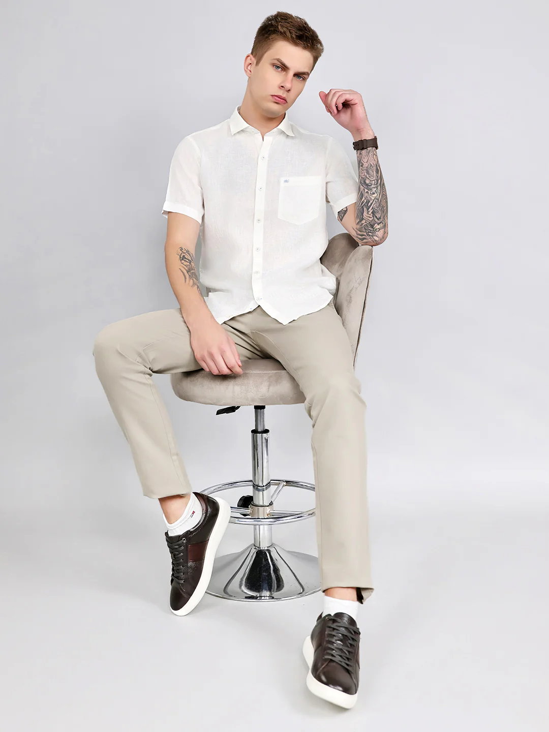 Men White Solid Collar Half Sleeve Shirt - Image 6