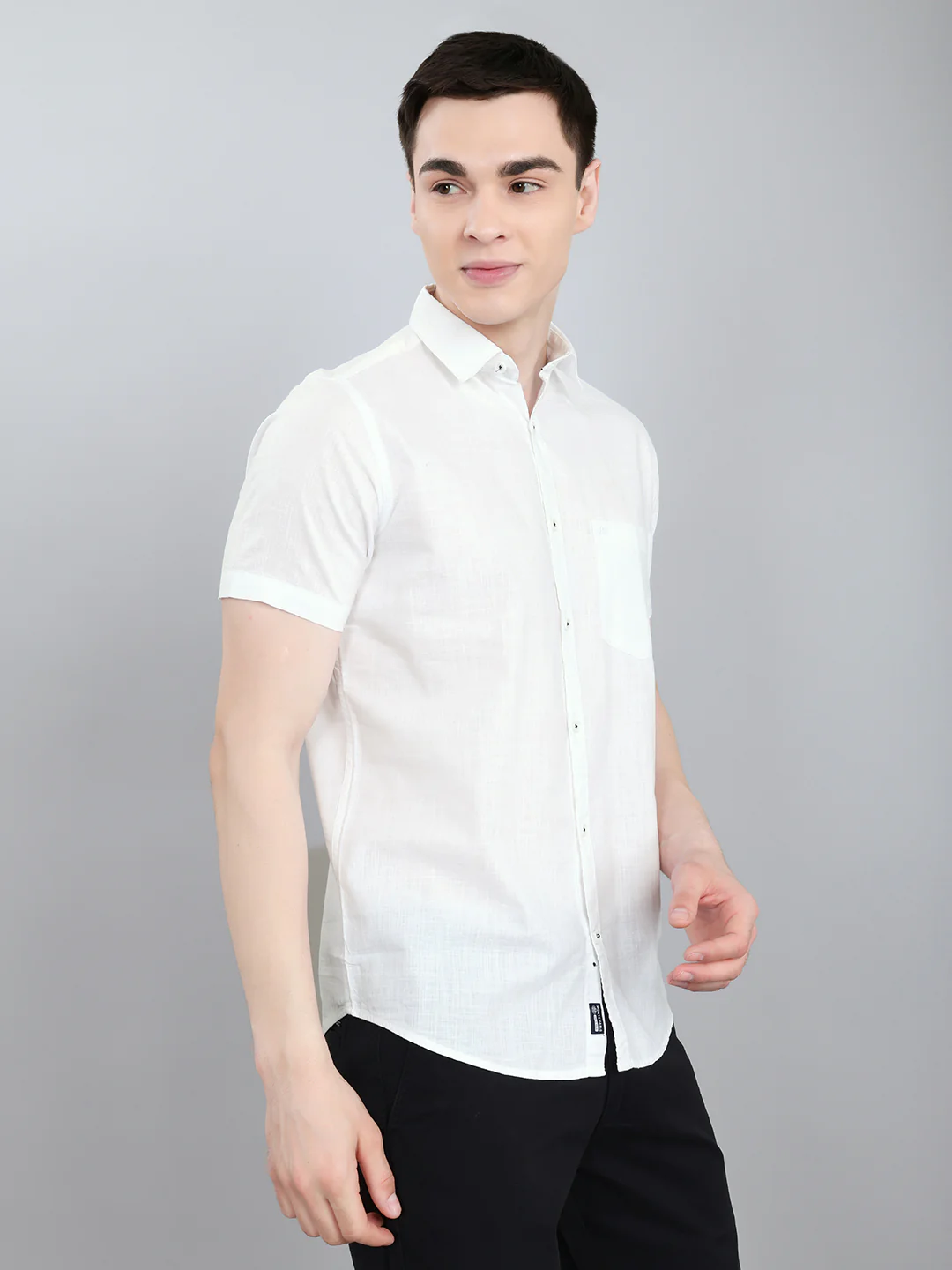 Men White Solid Collar Half Sleeve Shirt - Image 3
