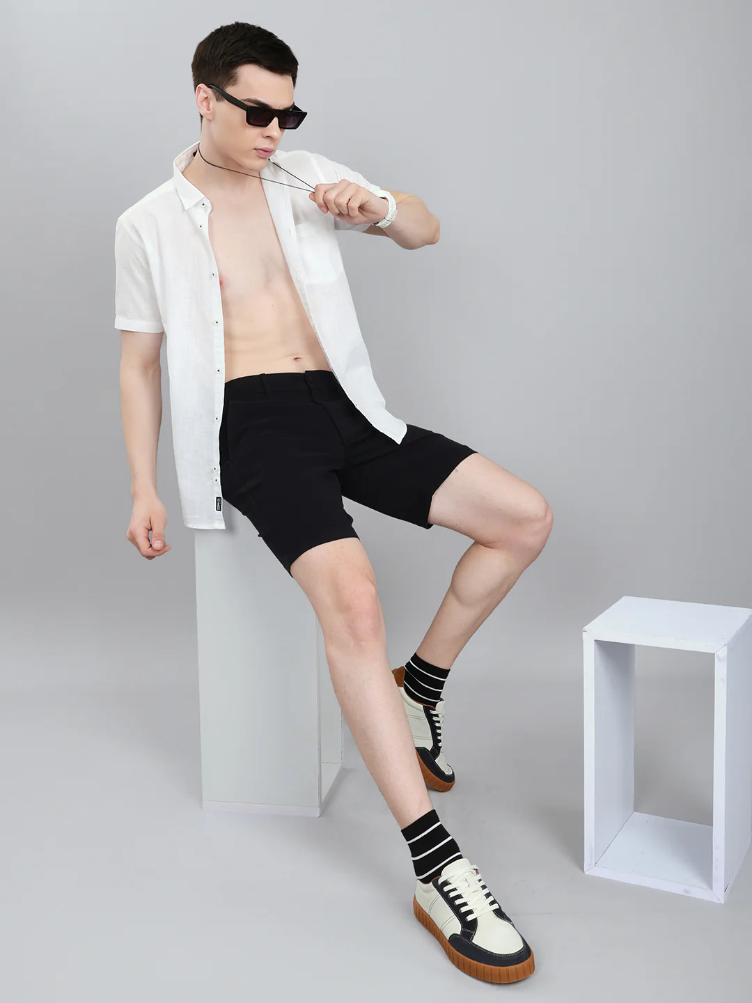 Men White Solid Collar Half Sleeve Shirt - Image 6