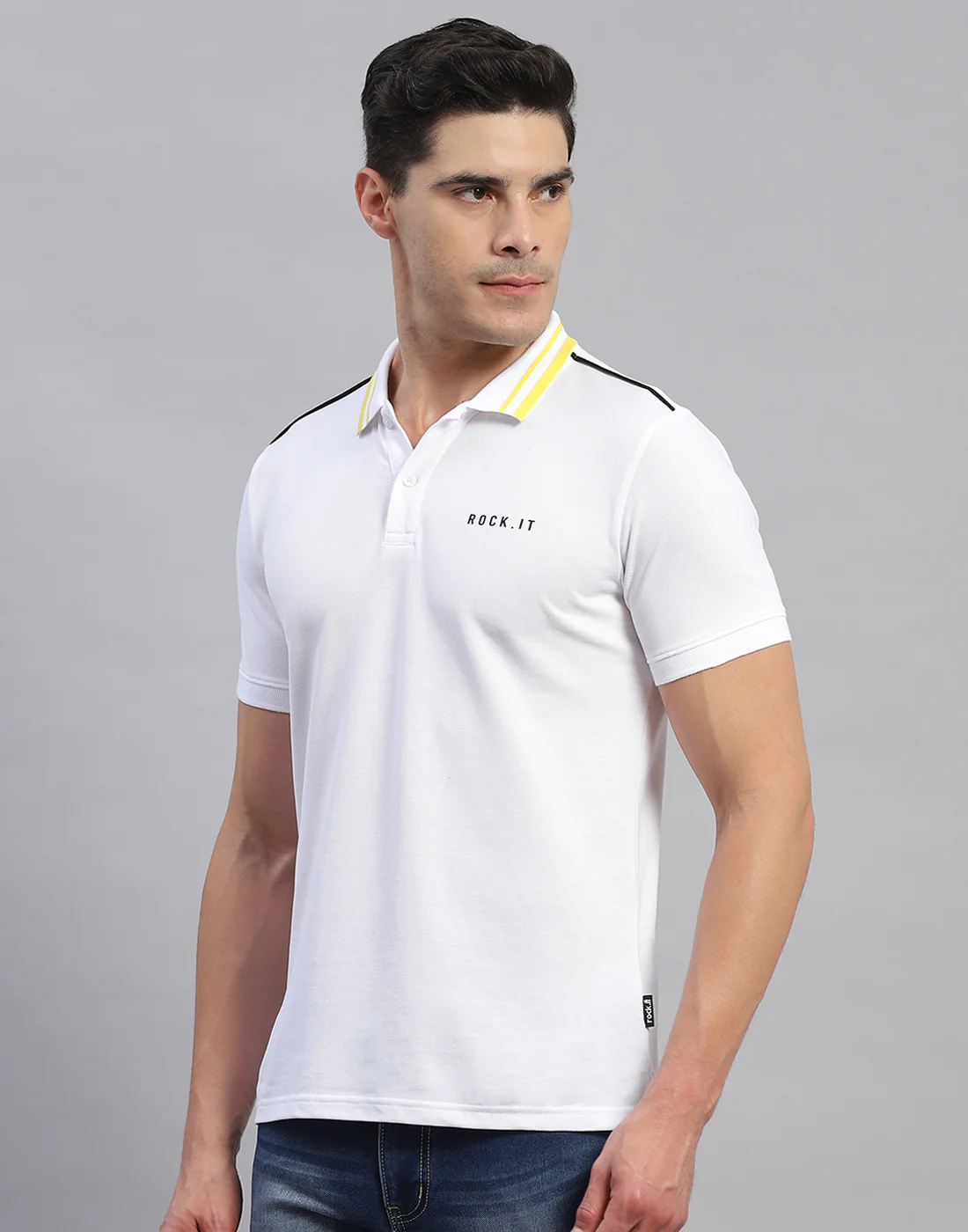 Rock.it Men White Solid Collar Half Sleeve T-Shirt - Image 3