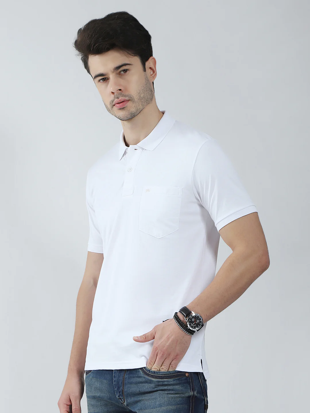 Men White Solid Collar Half Sleeve T-Shirt - Image 3