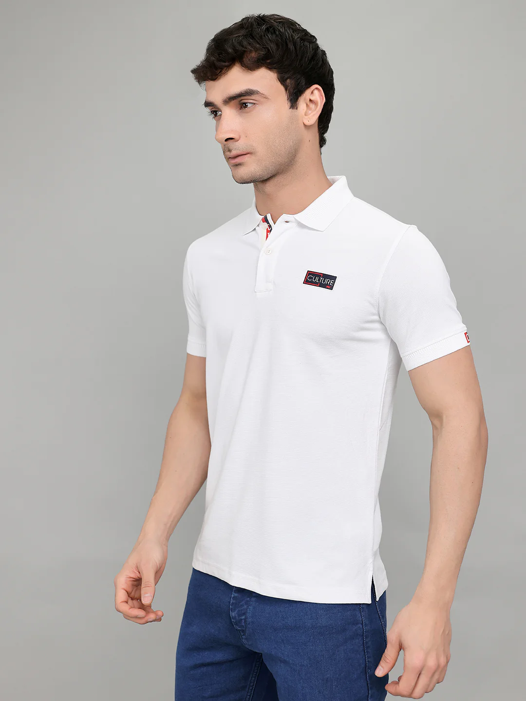 Men White Solid Collar Half Sleeve T-Shirt - Image 2
