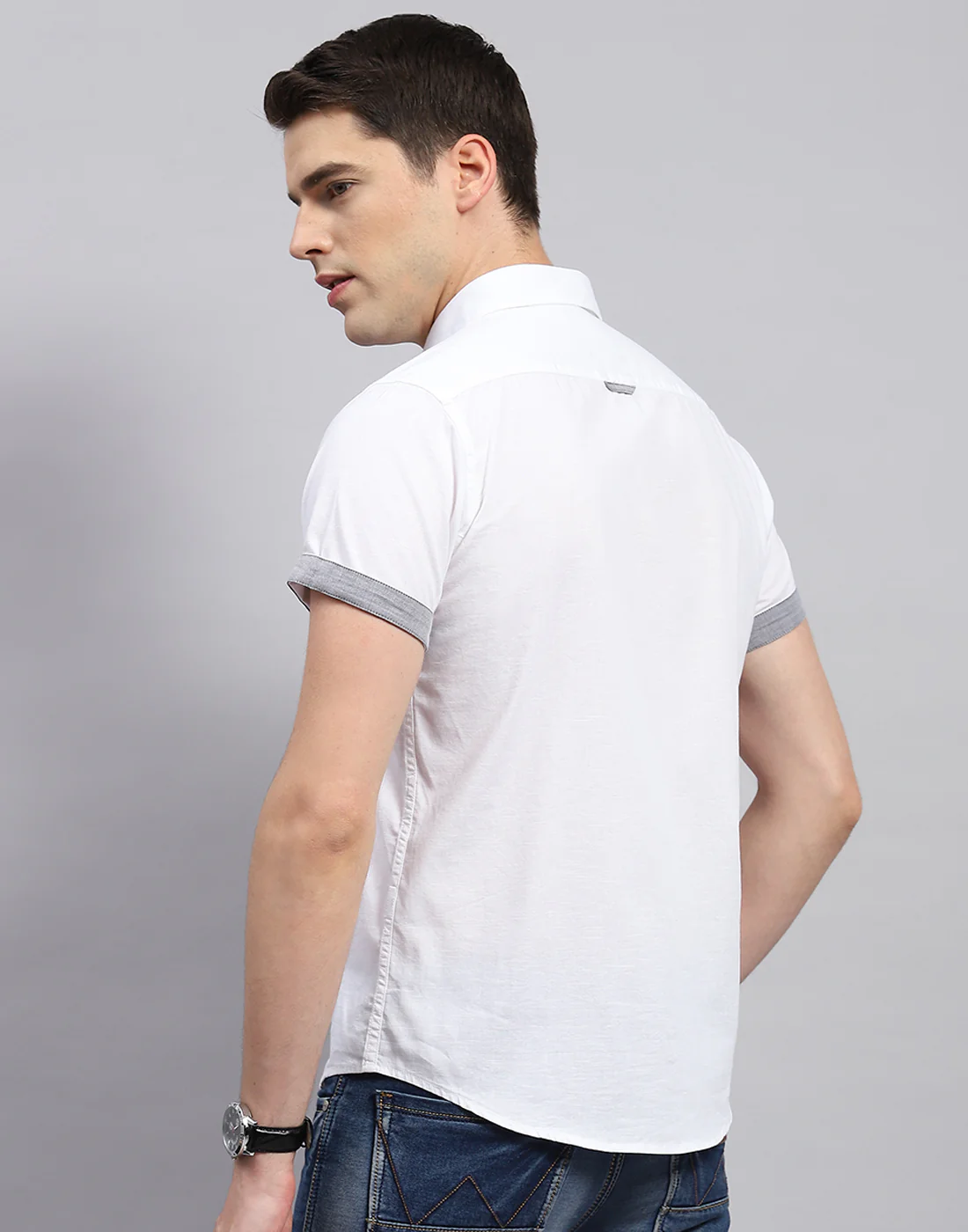Men White Solid Collar Neck Half Sleeve Shirt - Image 5