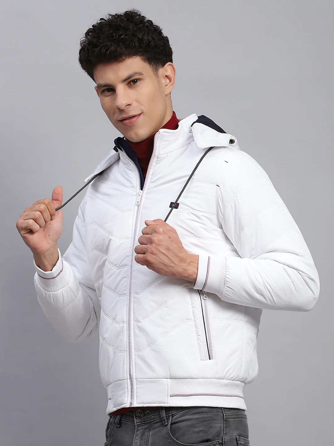 Men White Solid Detachable Hood Full Sleeve Jacket - Image 3